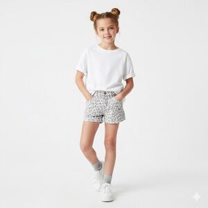 Levi’s Girls Leopard Print Denim "Shorty Short" - Size Small (7/8) Grey & White